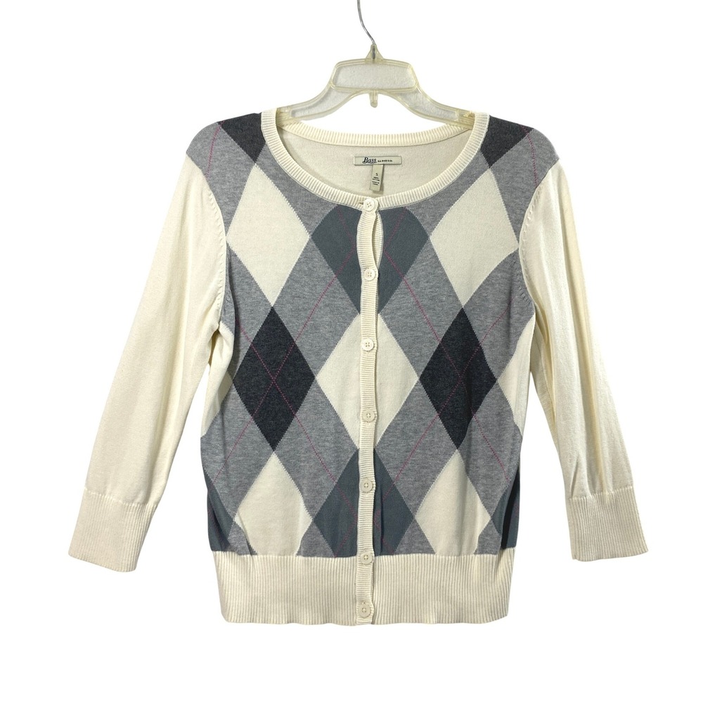 Womens Argyle Cardigan Size S Preppy Academia Cream Grey Pink Schoolgirl Sweater